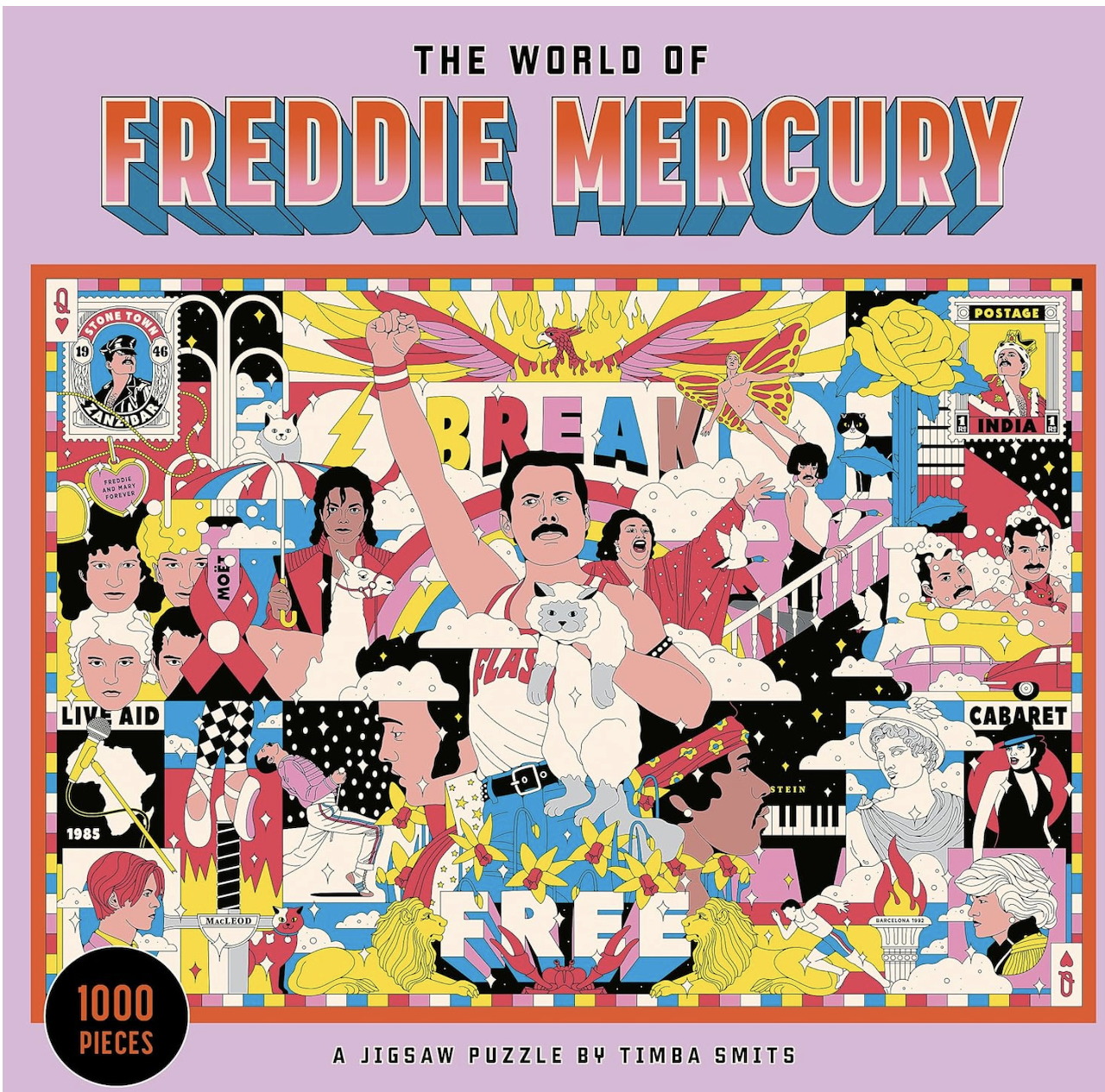 Colorful illustrated Freddie Mercury collage with concert scenes, music references, and graphic patterns