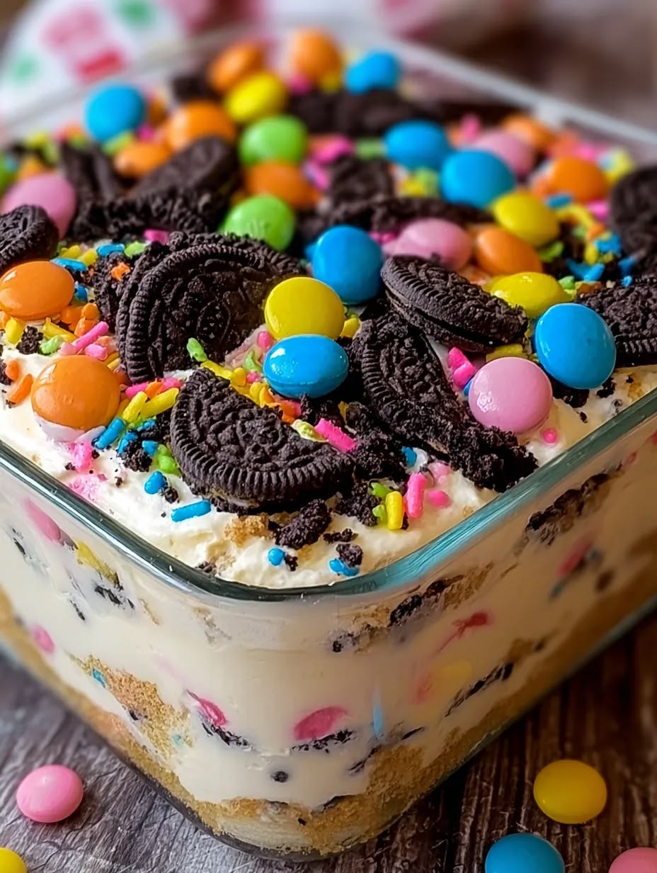 Glass trifle dish layered with cream, cookies, rainbow candies, Oreos, and colorful sprinkles