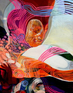 Abstract portrait with face surrounded by colorful curved layers and geometric patterns