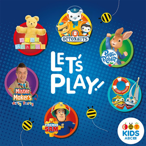 Lets Play text with colorful children's character badges on a blue background