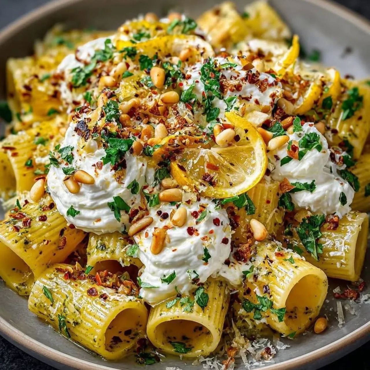 Rigatoni pasta with lemon slices, creamy cheese, pine nuts, and herbs on a plate