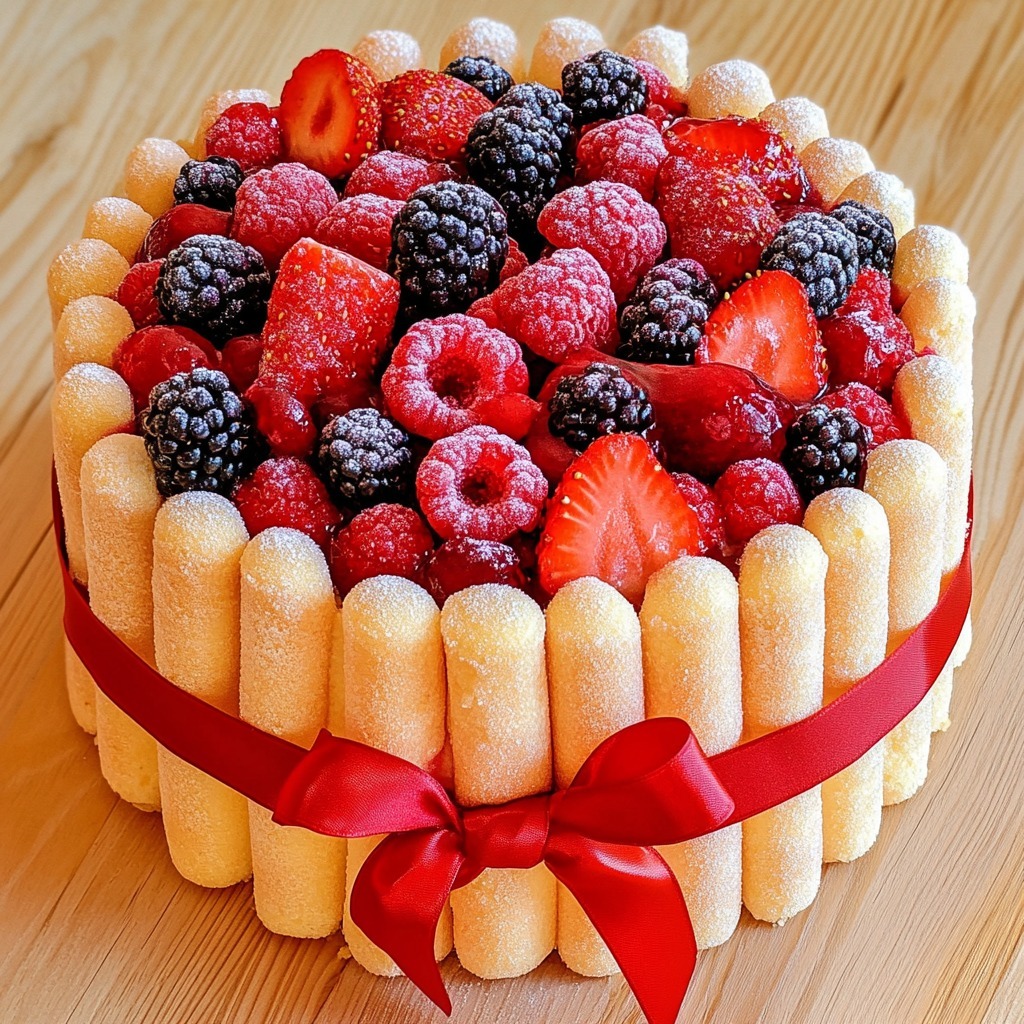 Round berry charlotte cake with ladyfingers border and mixed berries on top, red ribbon bow