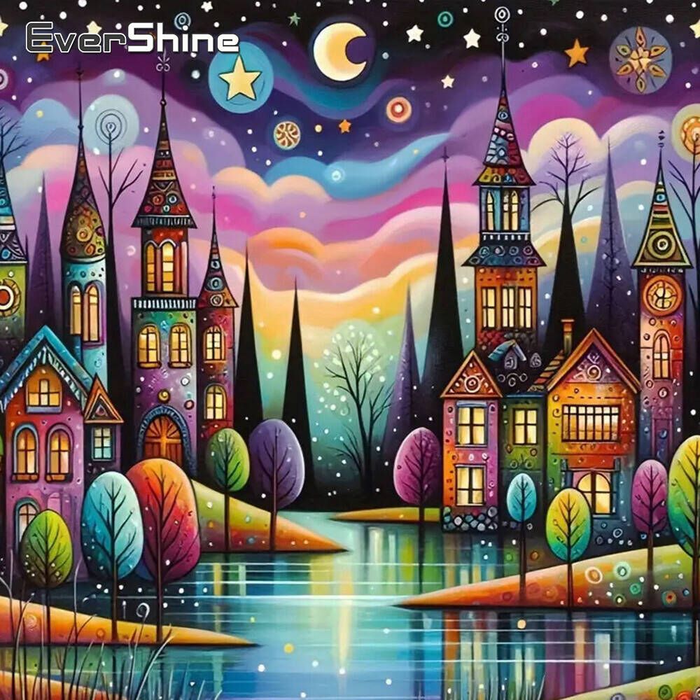 Fantasy Village River Night Sky