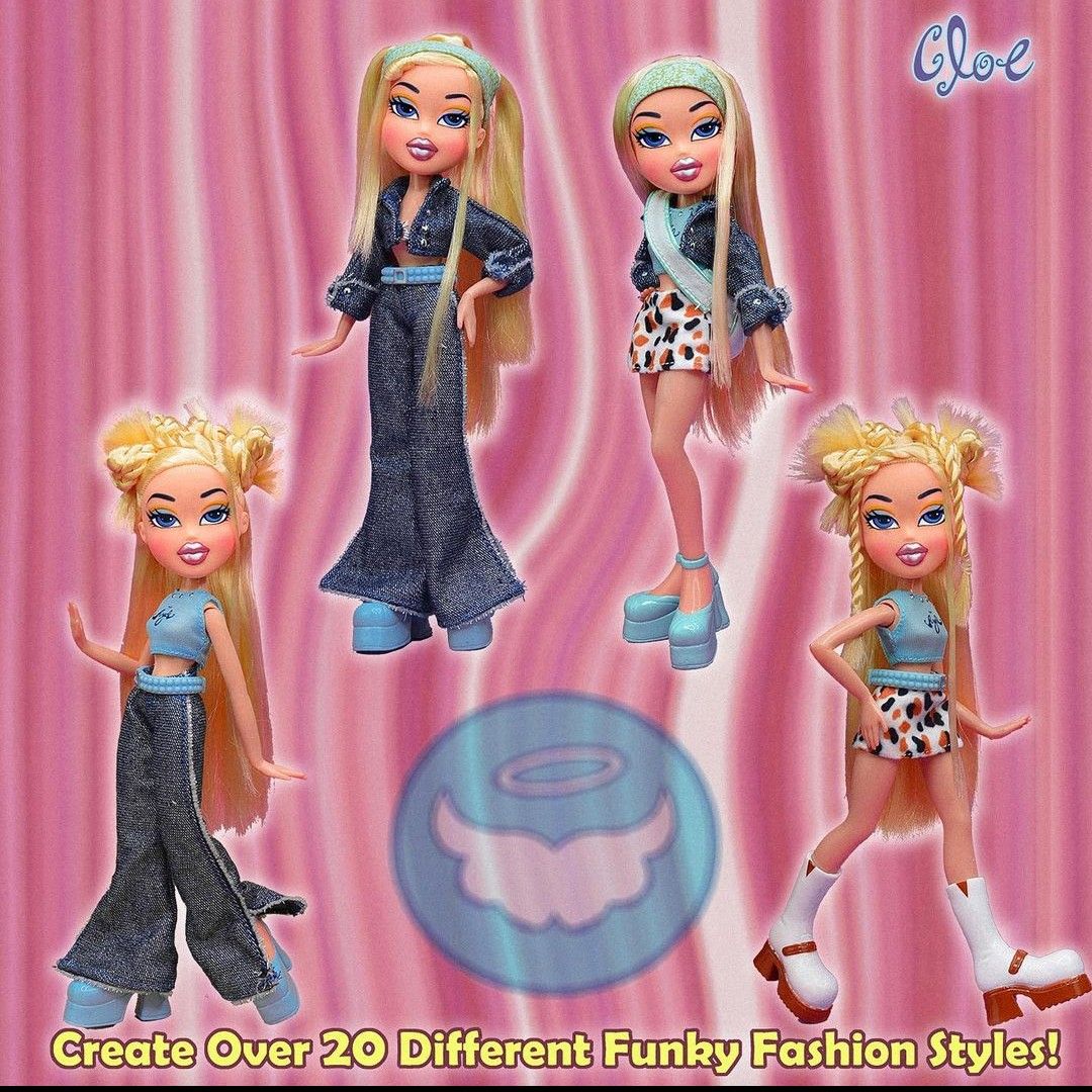 Bratz character Cloe shown in several mix-and-match outfits on a pink pink satin background