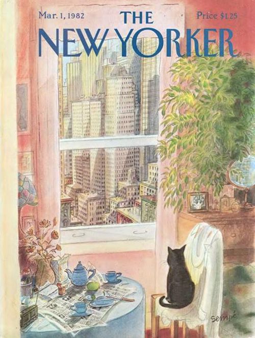 New Yorker magazine cover from March 1982 featuring window view of NYC buildings with cat and table