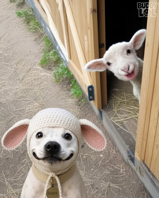 Dog in Lamb Hat With Baby Goat