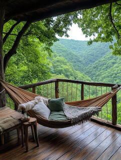 Hammock with cushions on a wooden deck overlooking green forested mountains