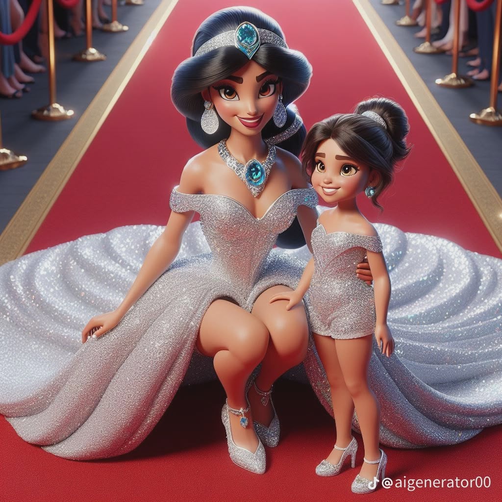 Animated princess in white gown with daughter on red carpet