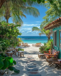 Tropical beach view with palm trees, wooden chairs, sandy path, turquoise ocean, and a colorful cottage