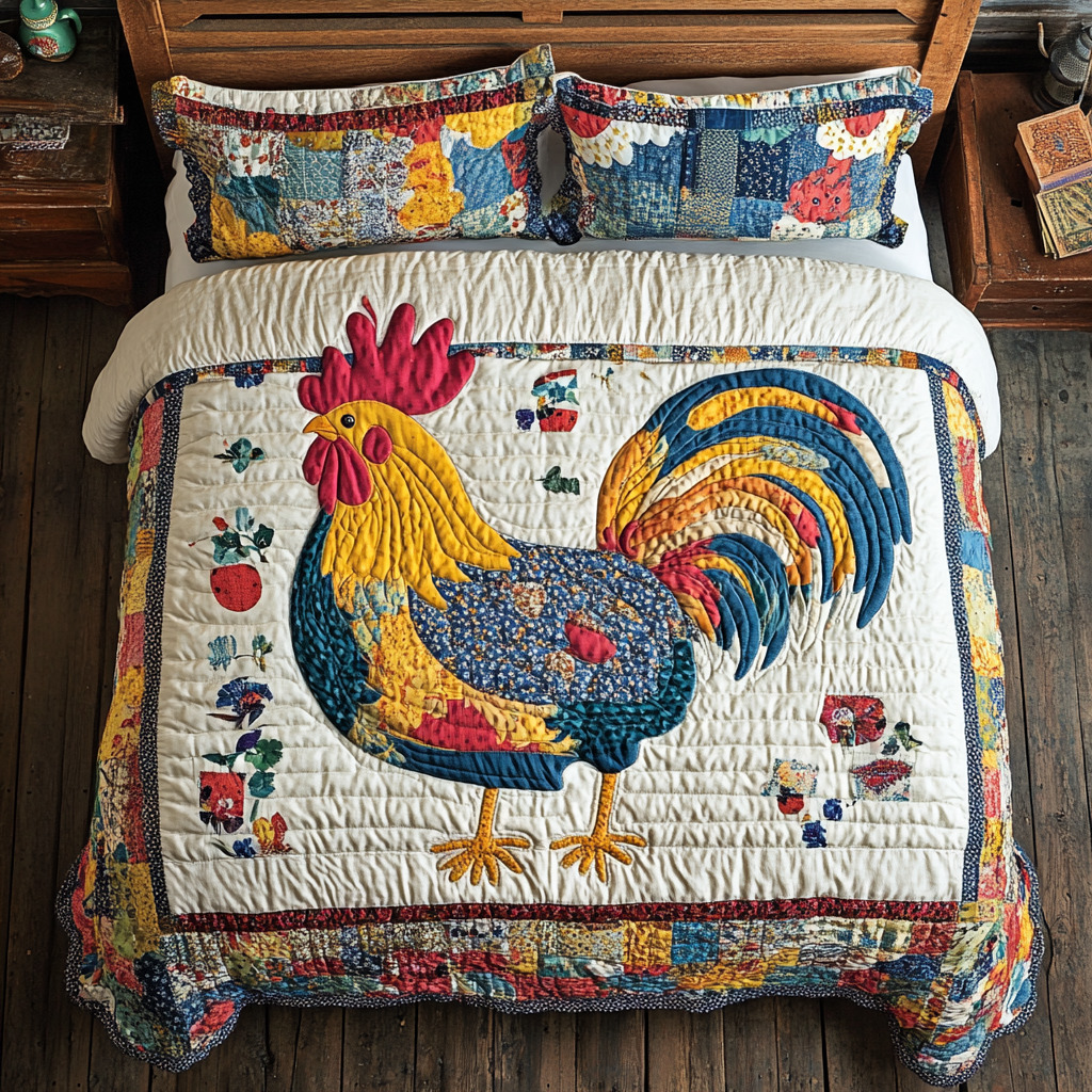 Cream quilt with vibrant rooster and floral pattern on rustic wooden bed