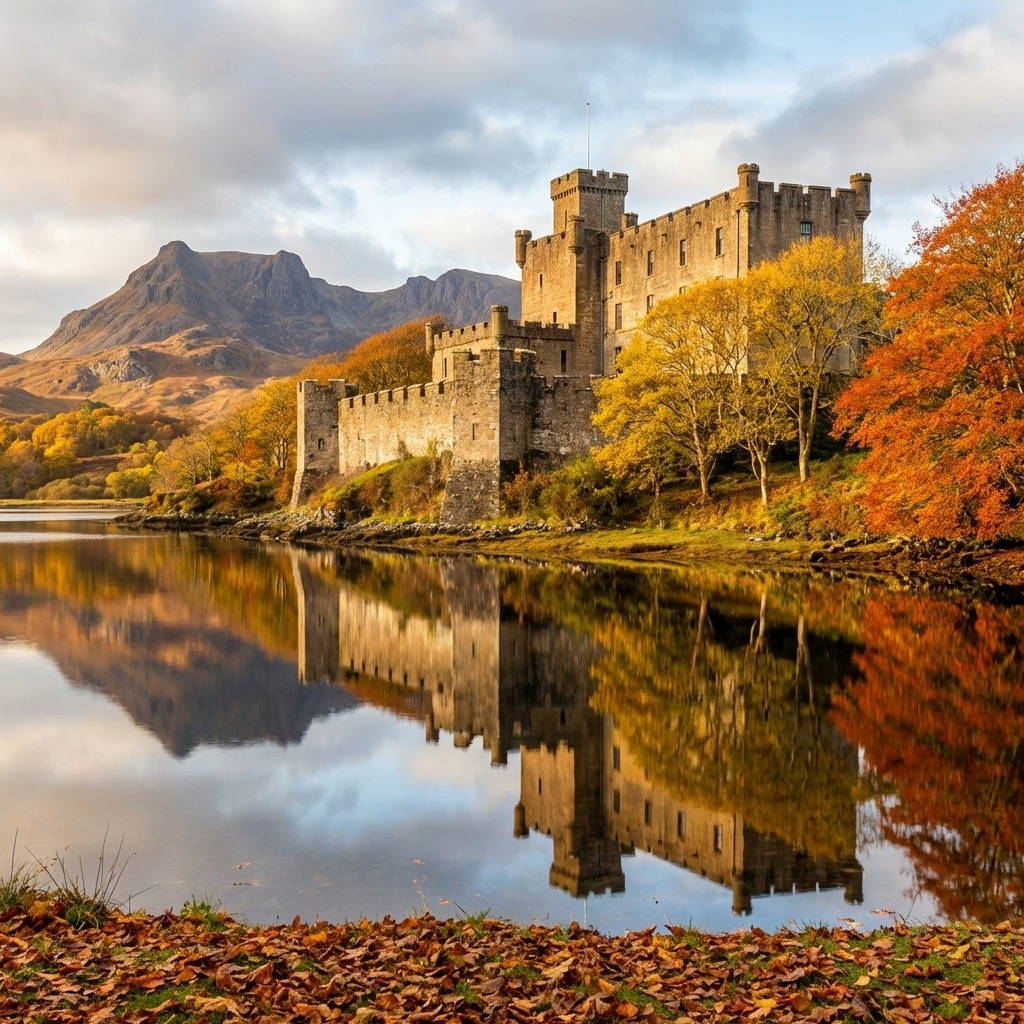 Stone castle beside loch with orange autumn foliage and mountains reflected in still water