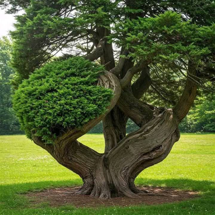 Sculptural tree with twisted trunk and dense green canopy on grass lawn