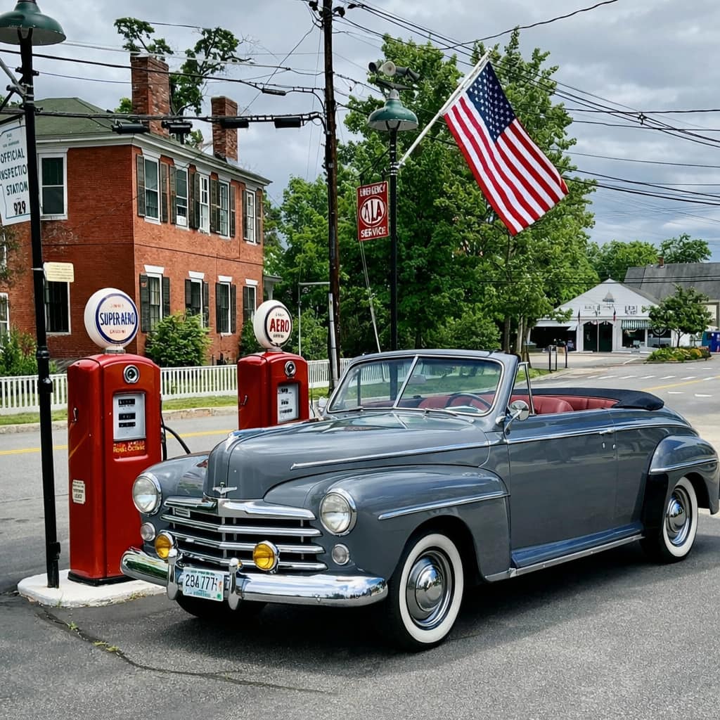 Gray vintage convertible parked by red gas pumps at a retro roadside service station