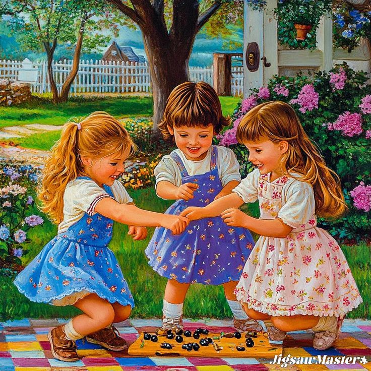 Painting of three little girls playing marbles on a blanket in a garden