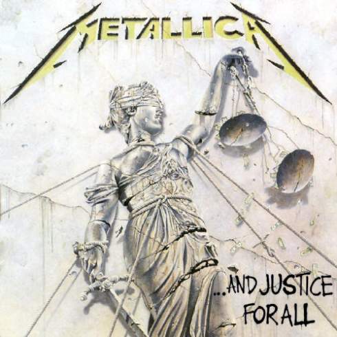 Metallica ...And Justice For All album cover with a cracked Lady Justice statue holding scales