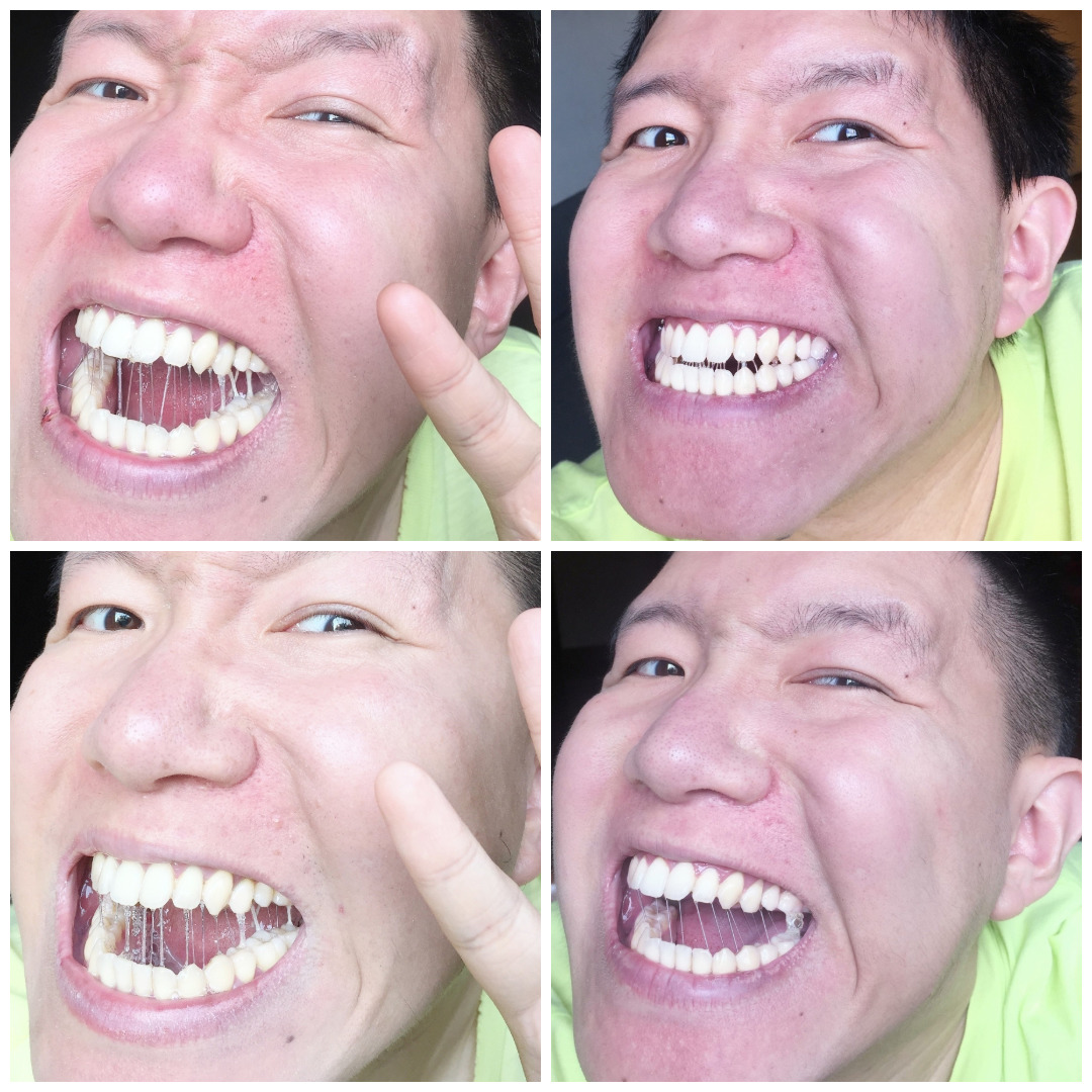 Four-panel collage of a laughing man smiling in close-up, with a peace sign in some images.