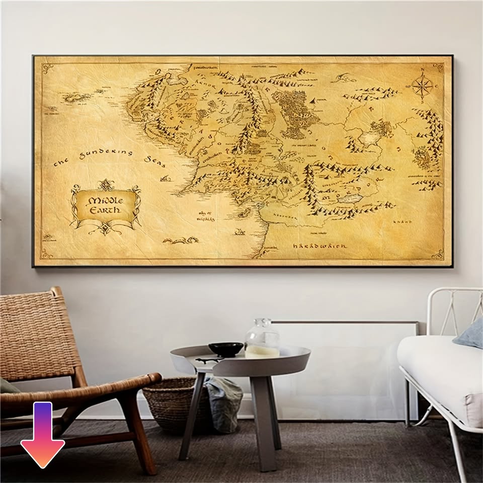Fantasy map of Middle-earth on aged parchment showing mountains, regions, and place names in decorative cartographic style