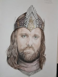 Pencil portrait drawing of Aragorn wearing the crown of Gondor with long hair and beard