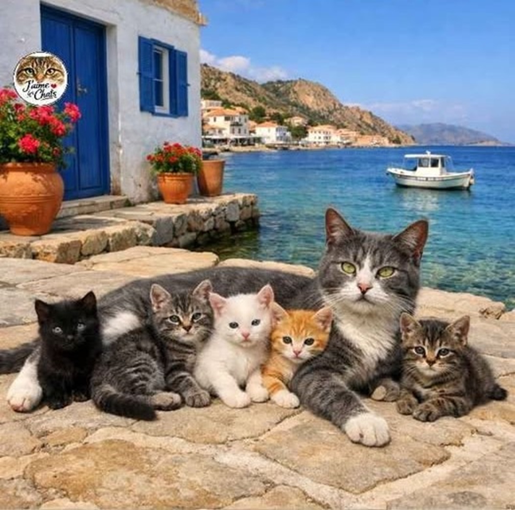 Mother cat with five kittens on a stone terrace by the sea near a coastal village
