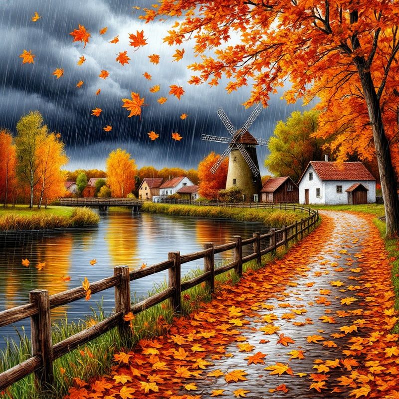 Autumn village painting with a windmill, lake, fence, and orange leaves falling on a path