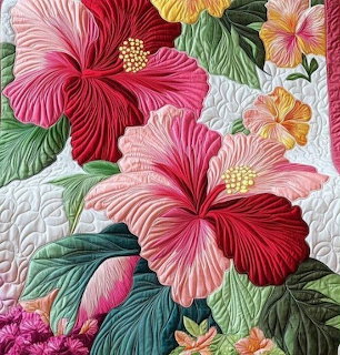 Quilted fabric art with large pink and red hibiscus flowers and green leaves showing detailed stitching texture