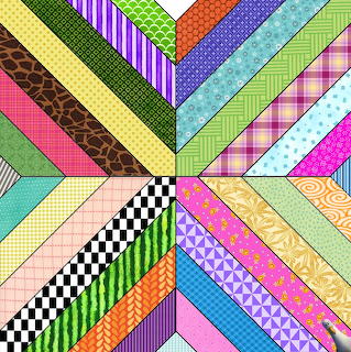 Geometric pattern of diagonal colorful stripes with varied textures radiating from center in quilt-like arrangement