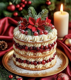 Multi-layer cake with white frosting, topped with red poinsettia, evergreen branches, berries, and a lit candle