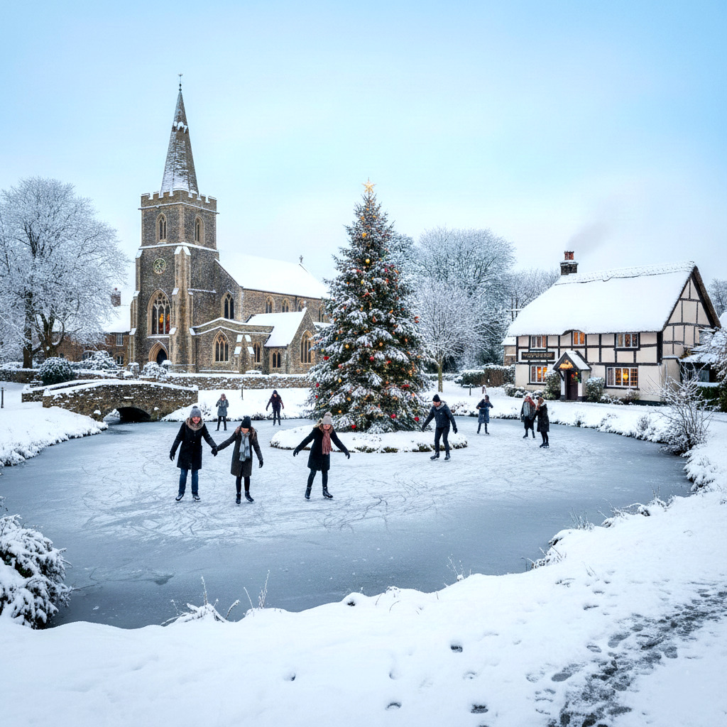 People ice skating on frozen village pond with church and snow-covered buildings in winter