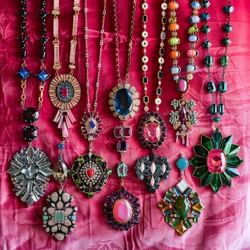 Colorful necklaces with ornate pendants arranged on bright pink fabric