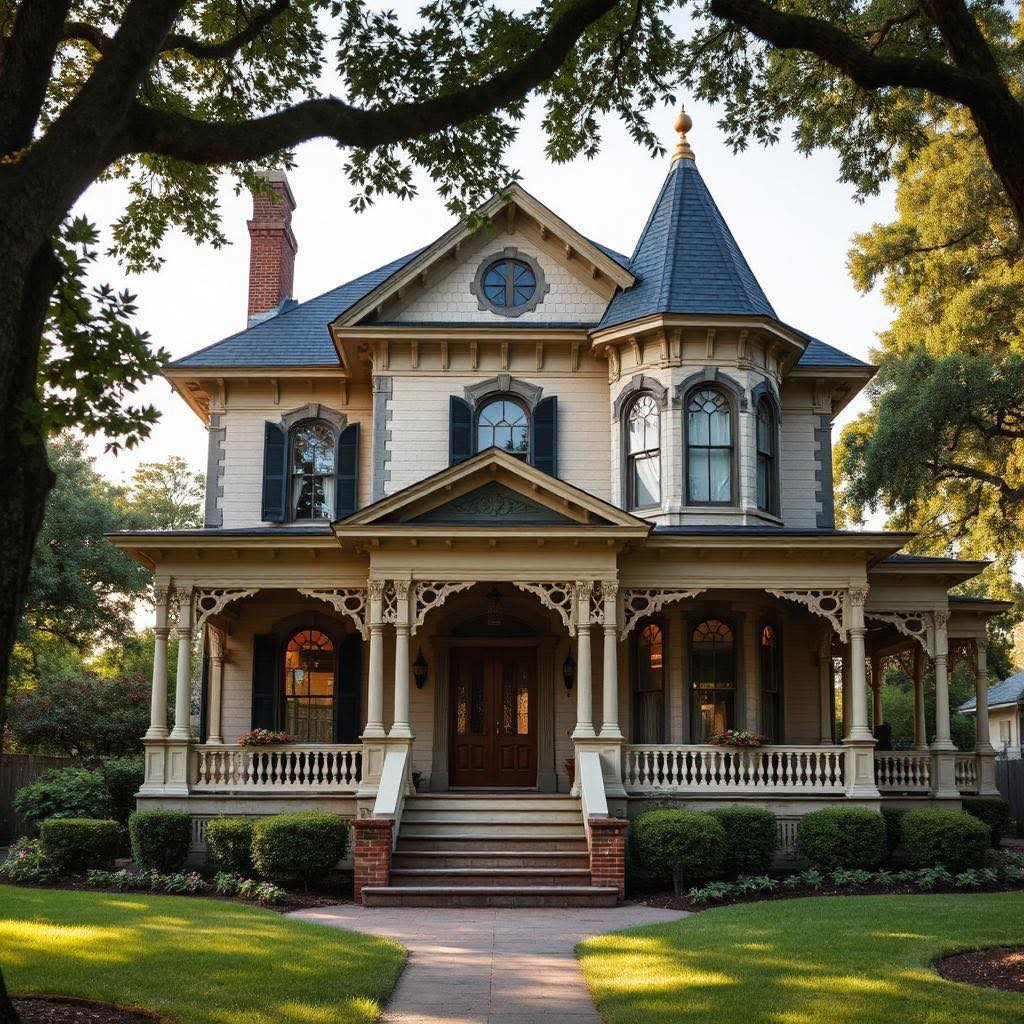 Grand Victorian mansion with turret, ornate porch, and lush landscaping under tree canopy