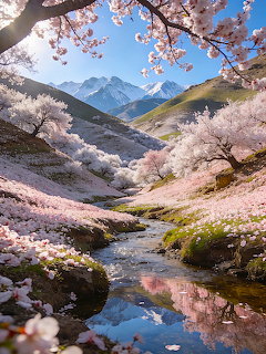 Cherry blossom trees bloming along a mountain stream with snow-capped peaks in the background
