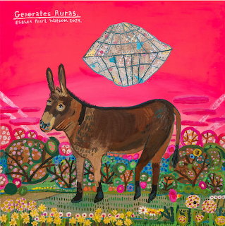 Brown donkey standing in vibrant flower garden with pink sky and decorative folk art elements