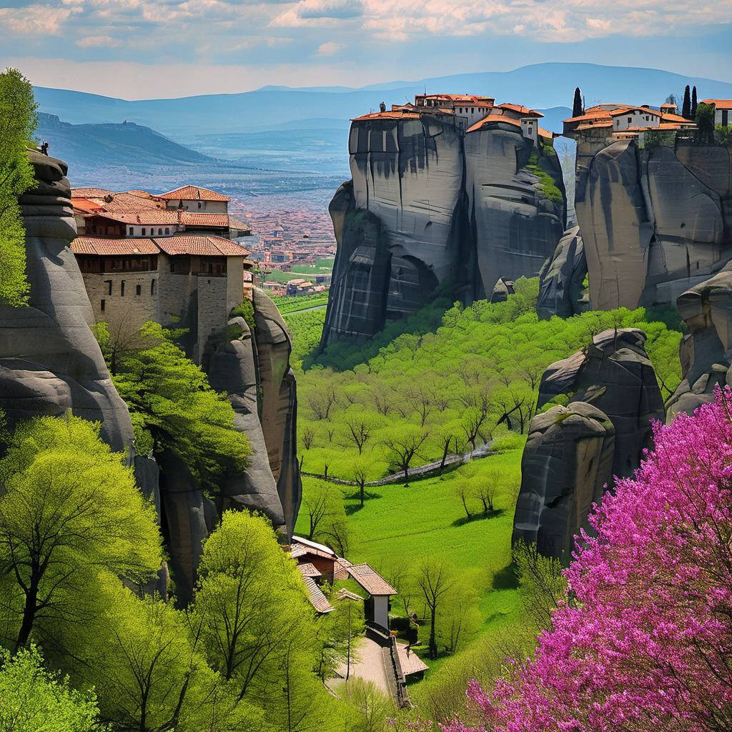 Monastery on towering rock pillar in Meteora Greece with spring flowers and green valley below