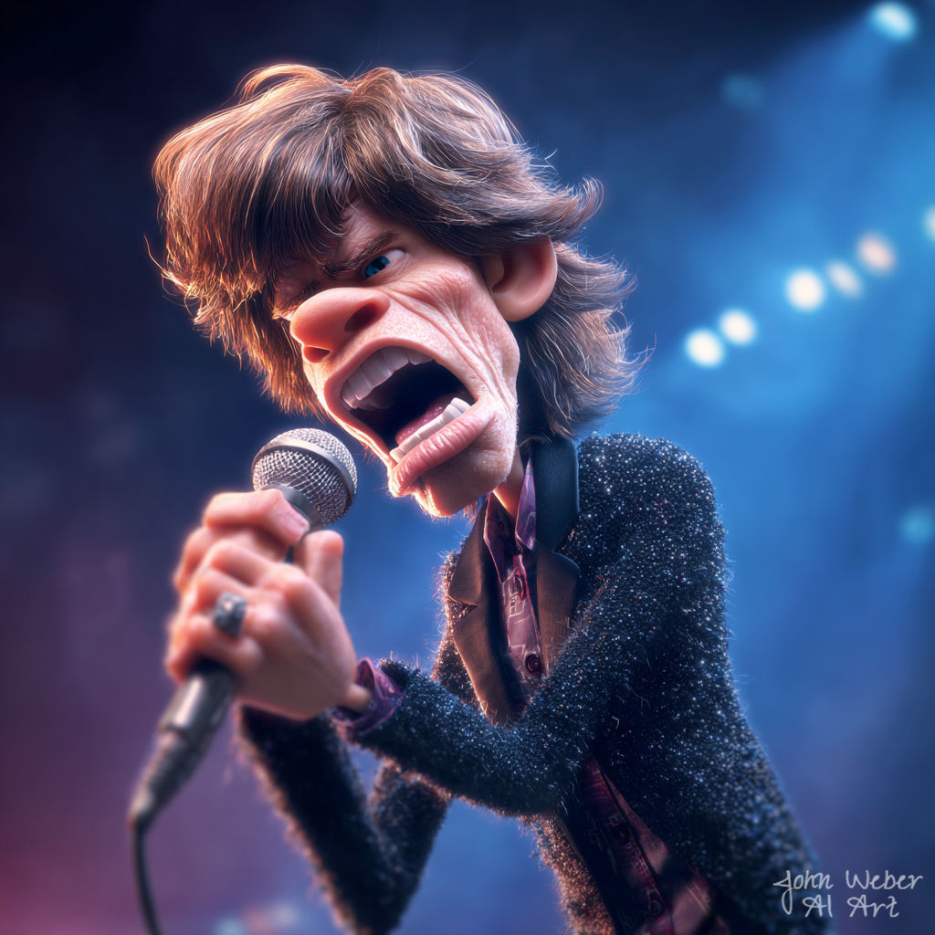 Caricature of a male singer performing with a microphone on a stage