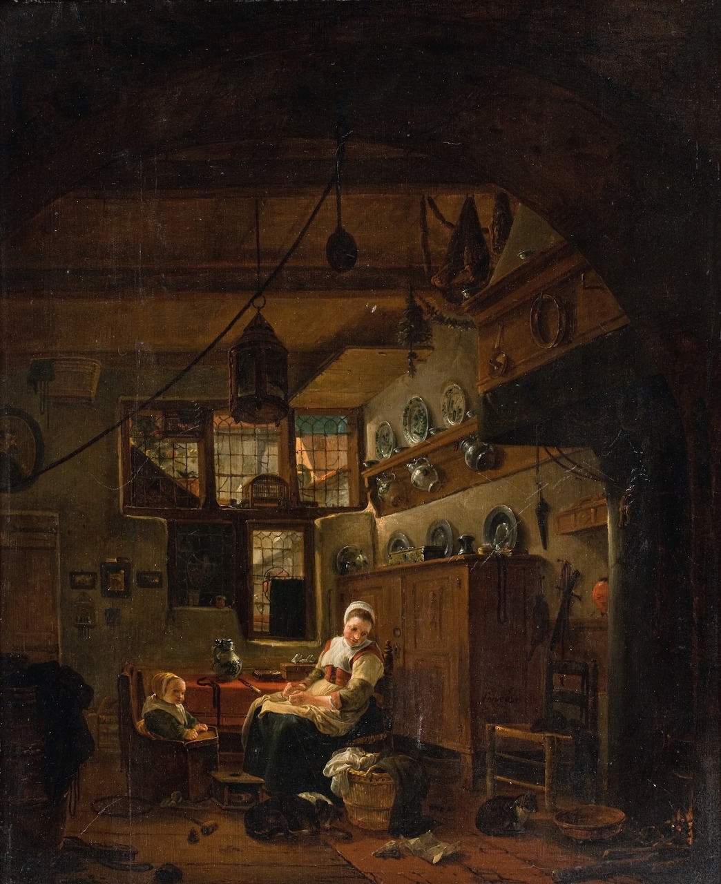 Old painting of a dim interior with a woman and child seated near hanging cookware and shelves