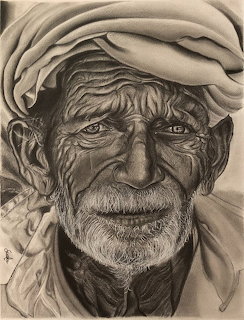 Detailed pencil drawing portrait of an elderly man with deep wrinkles wearing a turban