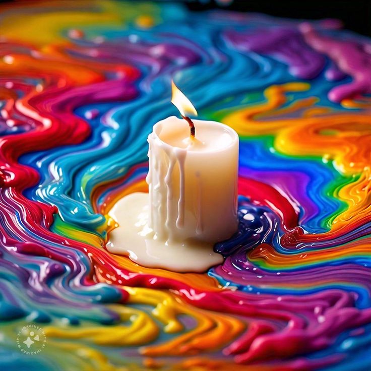White melting candle on a surface of swirling rainbow colors