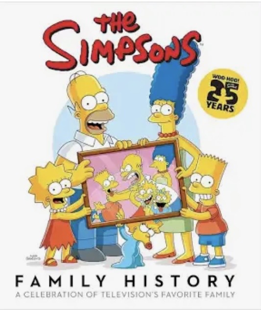 The Simpsons characters Homer, Marge, Bart, Lisa, and Maggie holding a family portrait, 25th anniversary cover