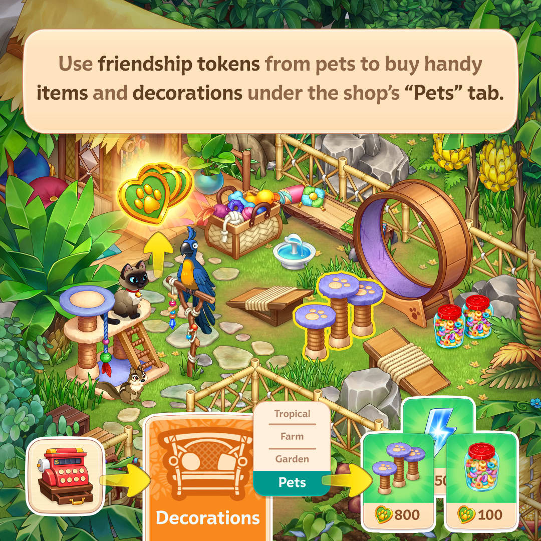 Colorful tropical game scene showing a pet garden with mushrooms, a hamster wheel, and a tutorial message