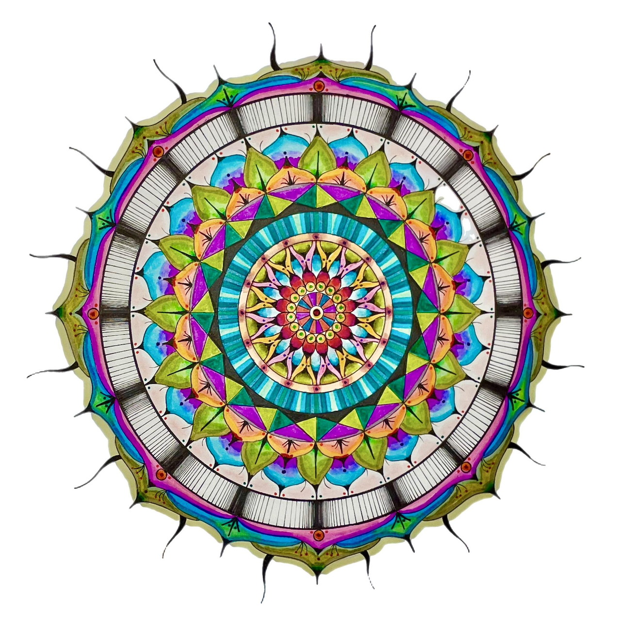 Colorful geometric mandala with symmetrical patterns and rainbow colors radiating from center