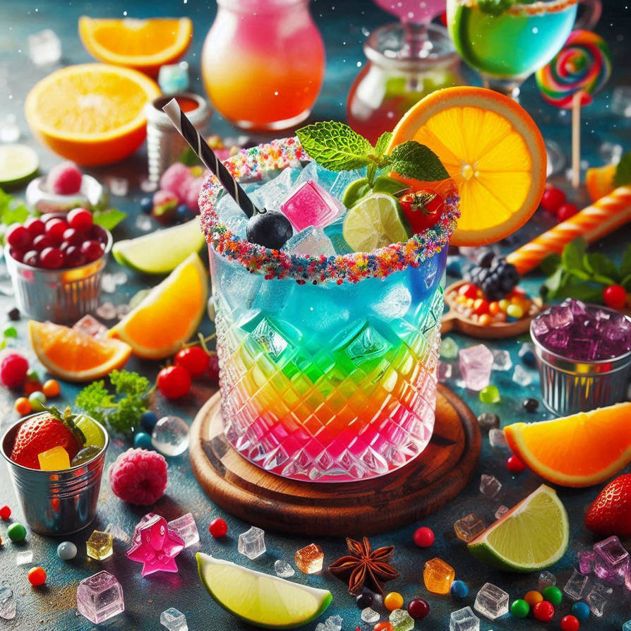 Rainbow layered cocktail with colorful sugar rim, citrus slices, mint garnish, surrounded by tropical fruits and candies