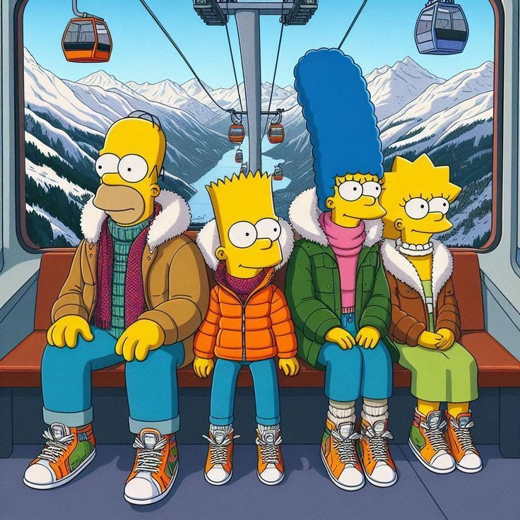 Animated Simpson family sitting in a ski gondola with mountains in background