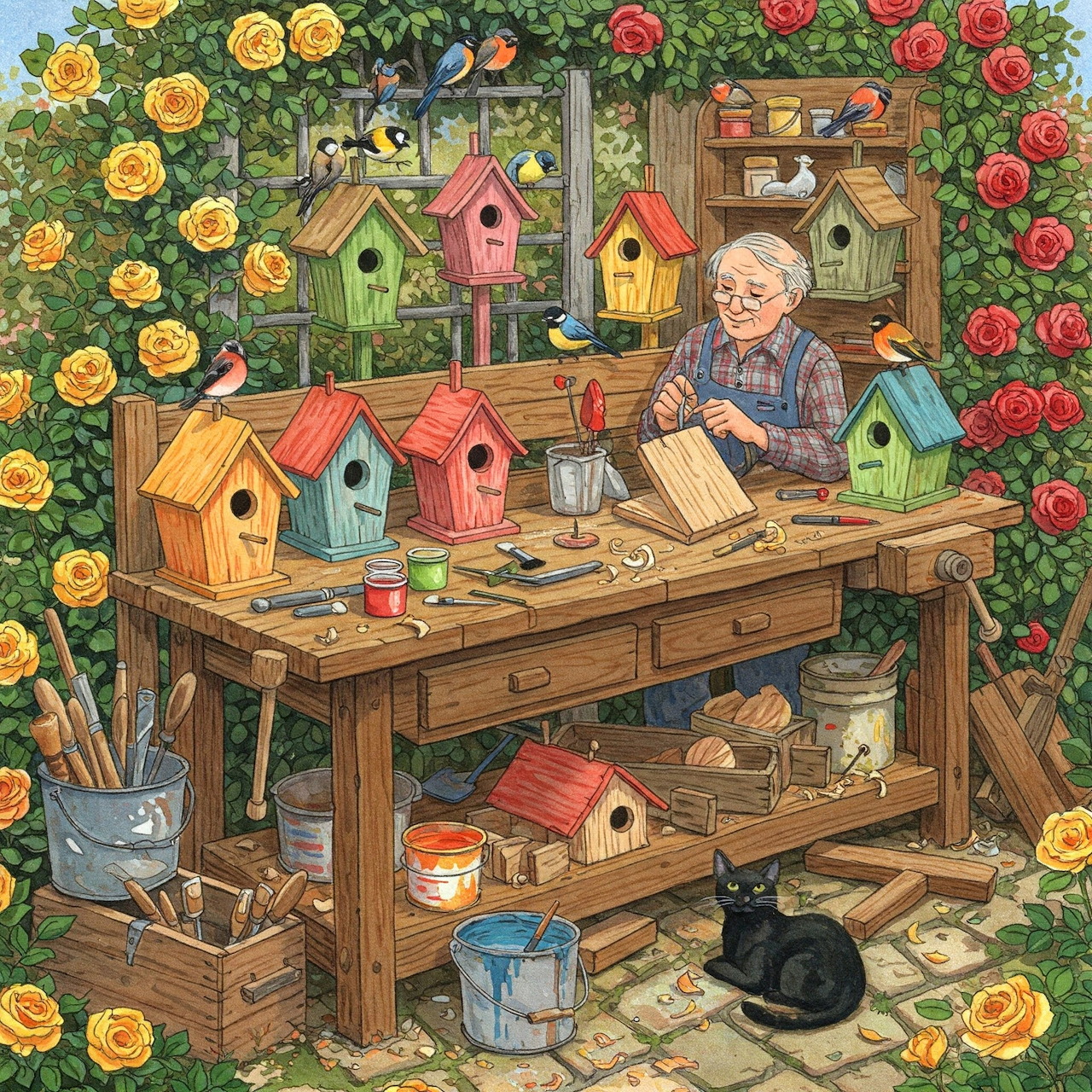 Man painting birdhouses at outdoor workbench with roses and cats