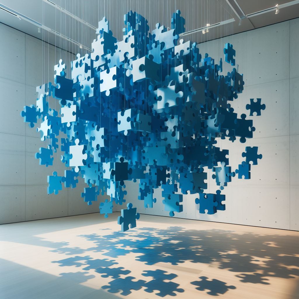 Blue jigsaw puzzle piece mobile suspended in a white room with shadows on the floor