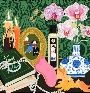 Illustrated still life with pink orchids, candles, perfume, pearls, mirror, and blue-white vase
