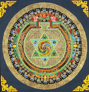 Circular Tibetan Buddhist mandala with detailed geometric patterns and traditional religious symbols on beige background