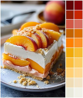 Layered chesecake bar topped with fresh peach slices on a white plate with color palette swatches