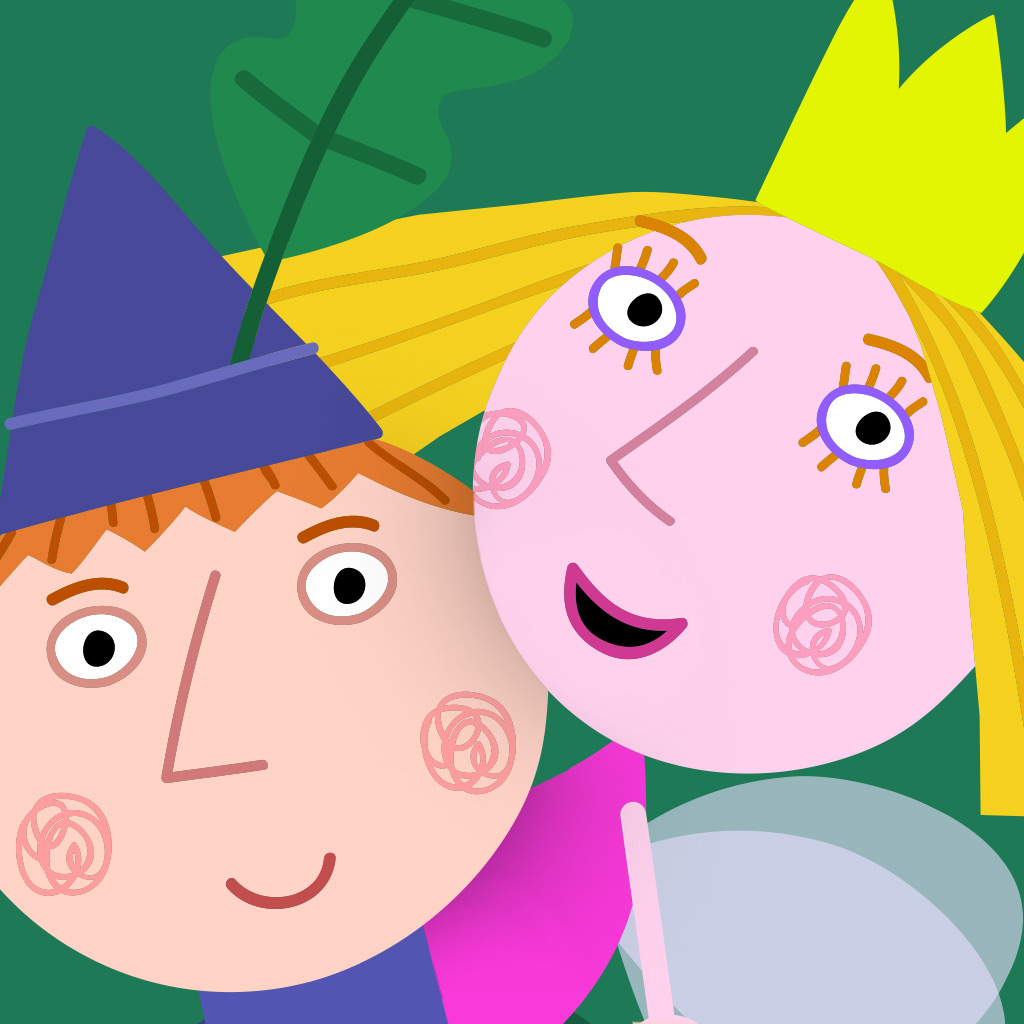 Two smiling cartoon characters, one with a purple wizard hat and one with a gold crown, on green background