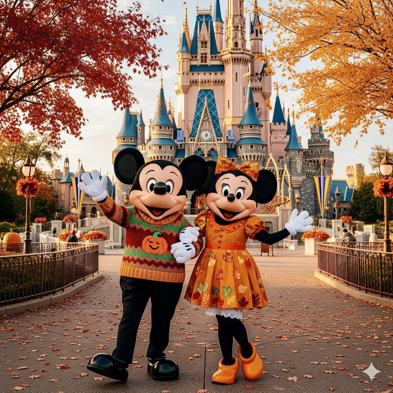 Mickey and Minnie Mouse in autumn attire standing before Cinderella Castle with fall trees