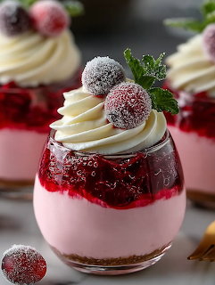 Layered dessert cups with pink mousse, cranberry topping, whipped cream, and sugared cranberries with mint garnish